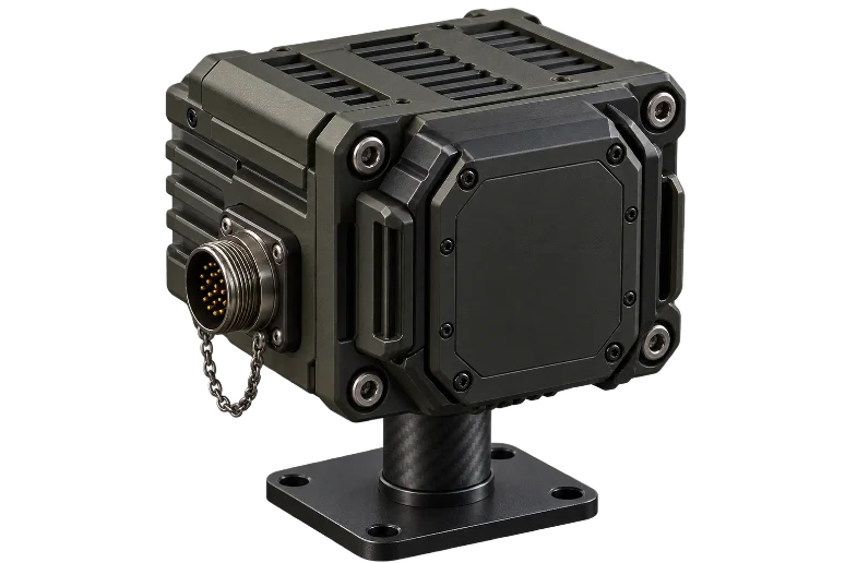An olive-drab ruggedized QNV sensor head on a carbon-fiber pedestal with a flanged base and a capped MIL-spec connector.
