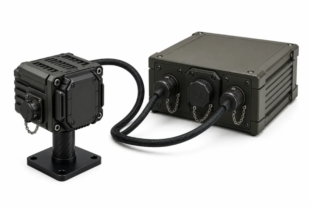 The QNV vector magnetometer platform: a pedestal-mounted sensor head cabled to a ruggedized control unit with three capped connectors.
